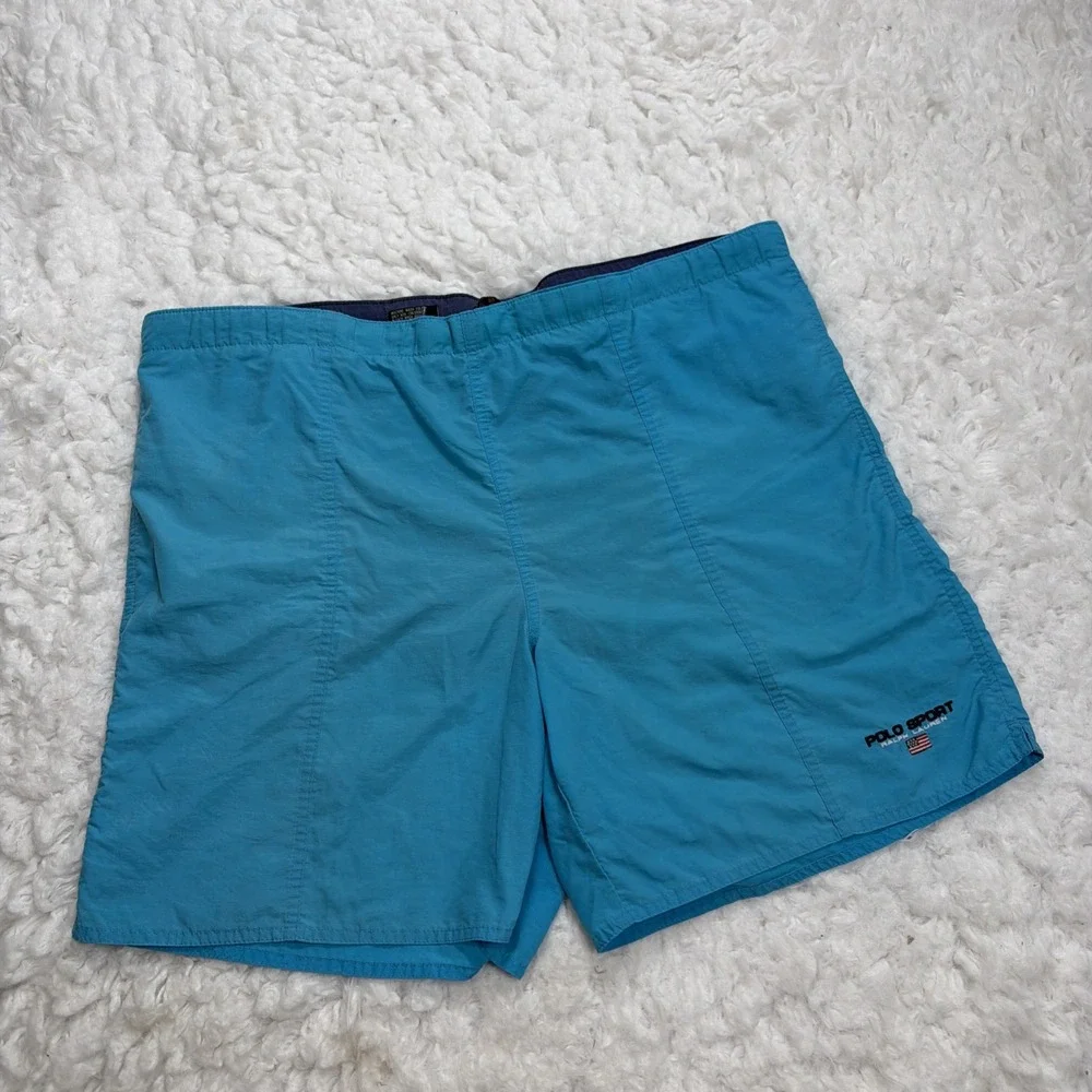 Vtg 90s Polo Sport Flag Ralph Lauren Swim Trunks Shorts Light Blue Baggy Nylon